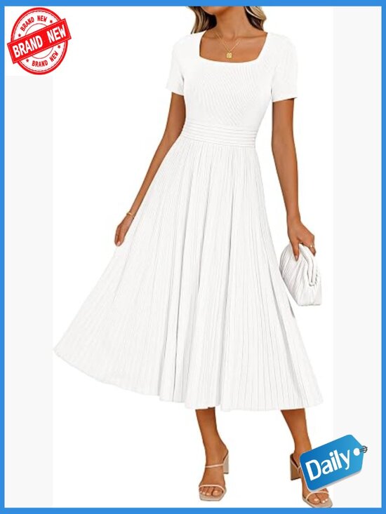 Dresses & Skirts - Pleated Midi Sweater Dress - Short Sleeve A-Line Business Casual Swing Dress